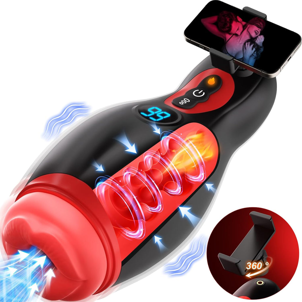 Elektrische Masturbator mit Telefonhalter, Mundförmig Masturbieren für Männer Blowjob mit 9 Saugmodi 9 Vibration, 3D Realistisch Vagina Heizung Sex Spielzeug für die Männer LCD Display, APP-Steuerung